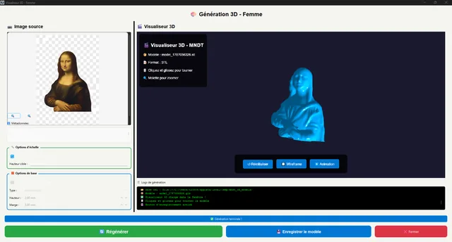 MNDT : image source et visualisation du modèle 3D généré.